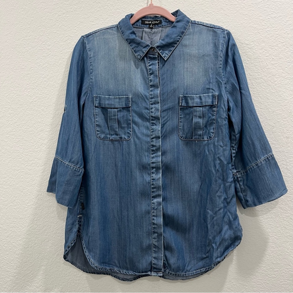 Dear John Blue Denim Button-Up Shirt Size Small 3/4 sleeve